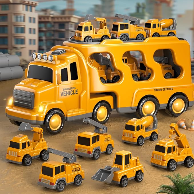 Beby Buty 7 in 1 Construction Trucks Cars for Toddlers 3-5, Boy Toddler Car Truck Toys with Light Sound, Birthday Gifts for 3 4 5 6 Year Old Boy