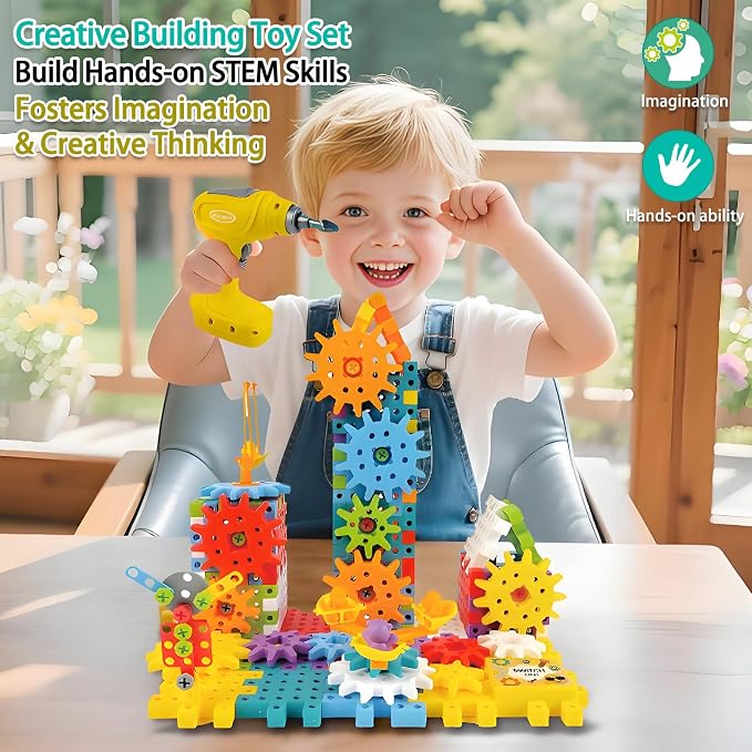 STEM Education Building Toys, 248 PCS Electric Gear Building Blocks Toys Set with Drill, Toddler Screw Toy, Kids Tool Set Construction Toy for Boys Girls Gifts Age 3-8