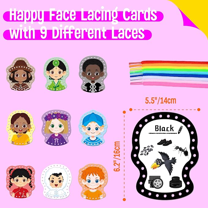 SpriteGru 9 Pieces Happy Face Lacing Cards, 9 Double Sided Color Sewing Cards with 9 Colorful Laces, Educational & Learning Activity Games, Imagination Development Lacing Toys for Preschoolers, Kids