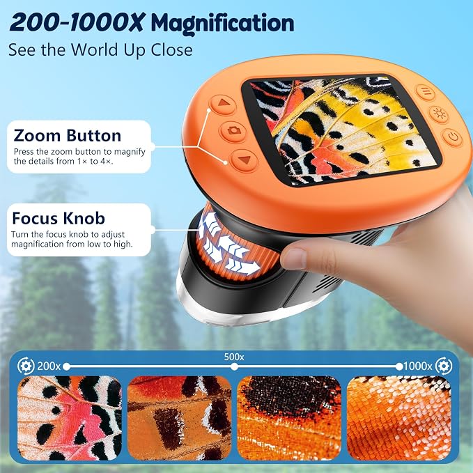 Odatay 2.4" 4K 1000X Digital Kids Microscope with 32G Card 12 Slides Orange | Long distance viewing, portable handheld edu gift toys for age 3-12, exploring bugs plants at home classroom & outdoor travel