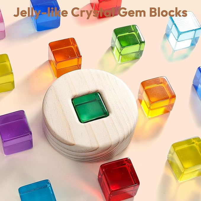 Woodtoe Large Rainbow Gem Blocks, 16 PCS Stacking Blocks for Toddlers 1-3 | Includes 3 Wooden Shapes, Montessori Sensory Toy, Creative Acrylic Blocks, No Choking Hazard, Birthday Gift for 1 2 3 Years