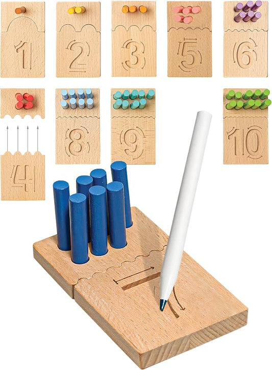 Peg Board for Toddlers - Wooden Counting Peg Board and Number Tracing Set, Montessori Math Toy for Preschoolers and Kindergarten (55 Pegs, 10 Boards, 1 Pencil)