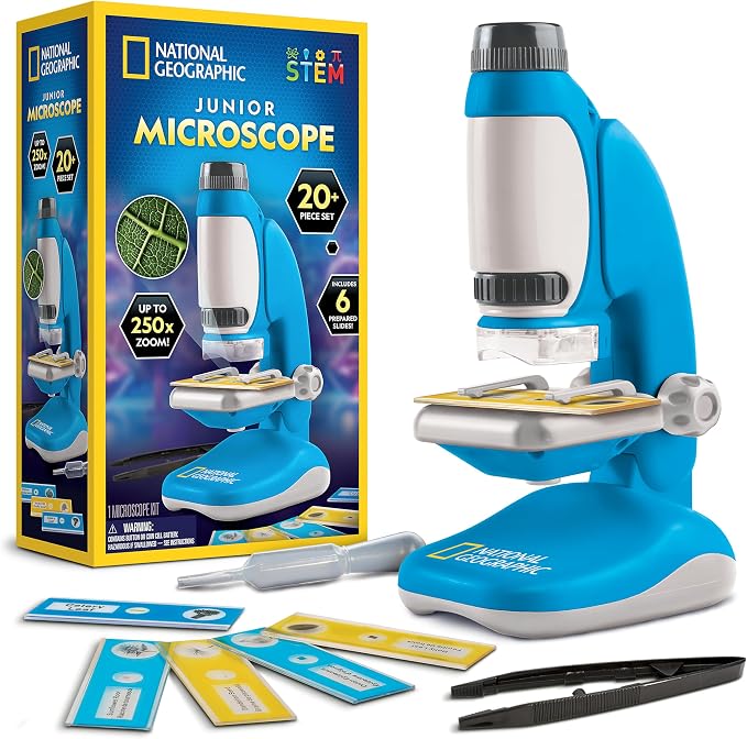 National Geographic Junior Microscope Science Kit with 250x Magnification | Handheld Mini Attachment, 12 Slides, Dual Viewing Options, Biology Experiments, Beginner STEM Toy, Birthday Gift