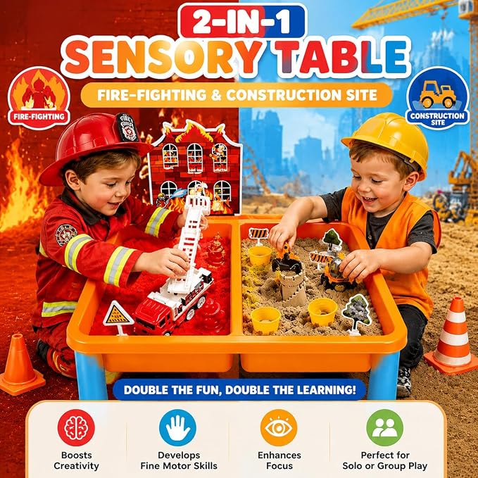 Carolart Construction Water & Sand Table, 2 in 1 Sensory Table Gift | Construction Firefighting Sensory Table with Lid, Standing Sensory Bin with Sensory Sand, Indoor Outdoor Kit for toddlers