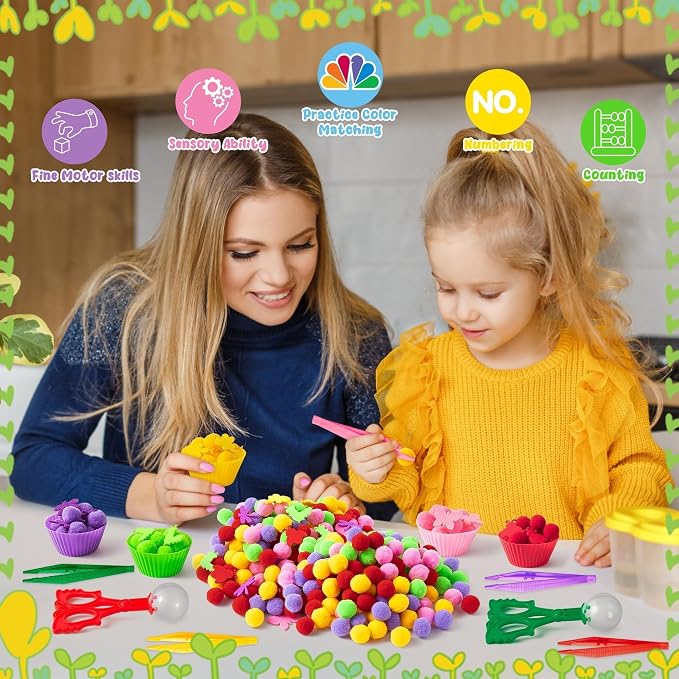 EZdhuawuse Summer Insects Sensory Bin Fillers Toys - Summer Party Gift 268Pcs Color Counting Sorting Fine Motor Toys Set for Kids, Felt Dragonfly Butterfly Pom Poms Cups Clips for Preschool Education