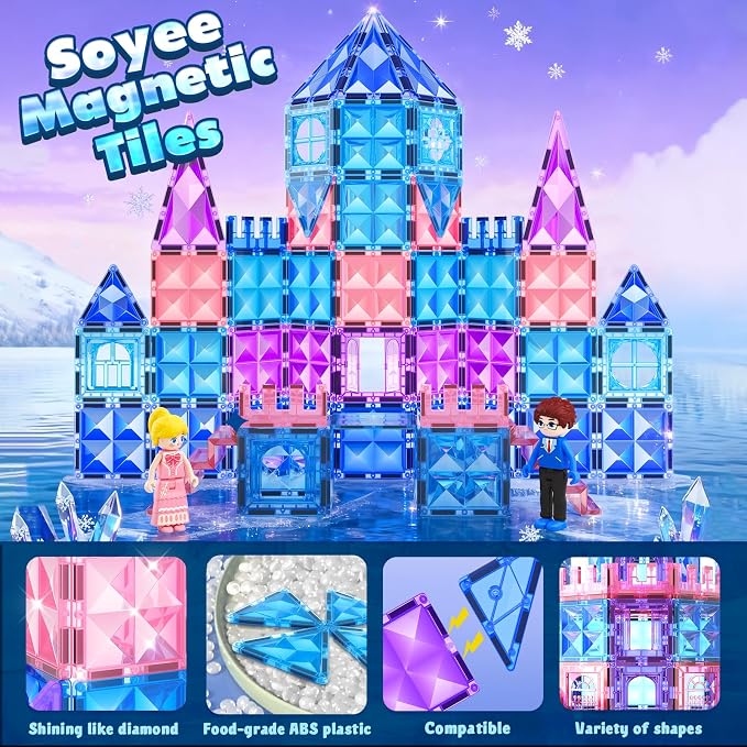 Magnetic Tiles 102pcs with 2 Stairs 2 Dolls Princess Castle Building Toys | Girls Toys Age 4-5 6-8 Magnetic Blocks Birthday Xmas Gifts Girls Toys for 3 4 5 6 7 8+ Year Old