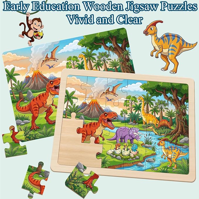 Wooden Puzzles Dinosaur Toys for Kids Ages 4-6, 4 Packs 24 Piece | Wooden Jigsaw Puzzles Preschool Educational Learning Toys Gifts for 3 4 5 6 Year Old Boys and Girls