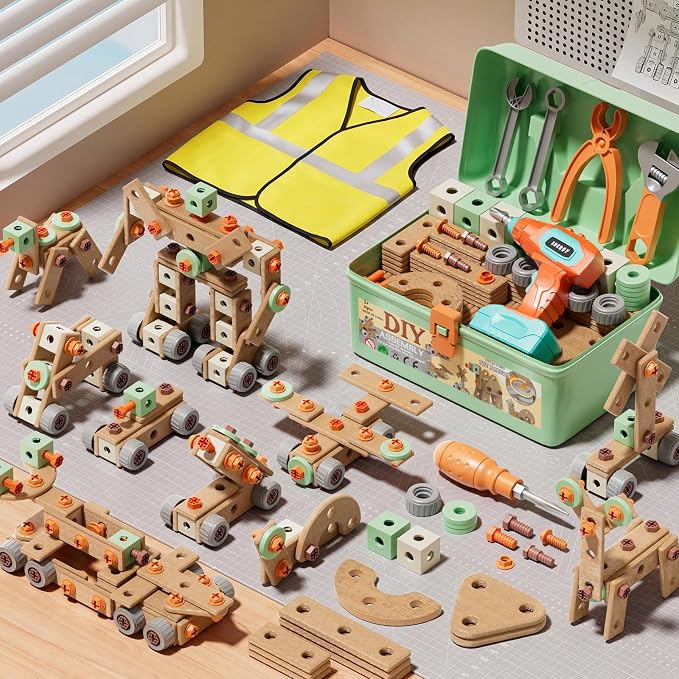 CUTE STONE 168Pcs Kids Tool Set with Electric Drill Toy, Building Kit | Toddler Play Tools with Vest & Storage Box, Montessori STEM Pretend Play Kit, Construction Building Toy Gift for kid Ages 3-6