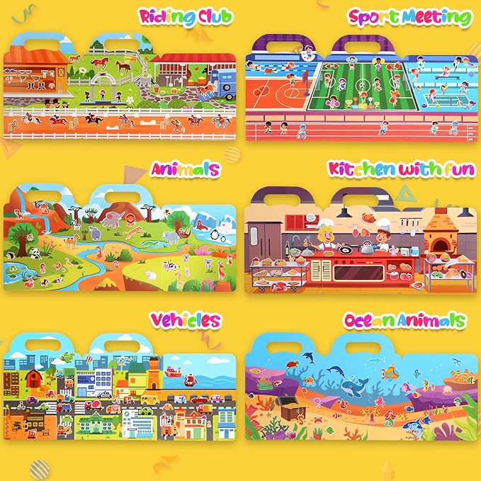 Jelly Sticker Books for Kids 2-4,5 Set Reusable Sticker Activity Books for Toddler 1-3, Travel Toys for 2+ Boy Girl (6 Set - Animals+Vehicles+Ocean Animals+Sports+Kitchen Fun+Horse Riding)