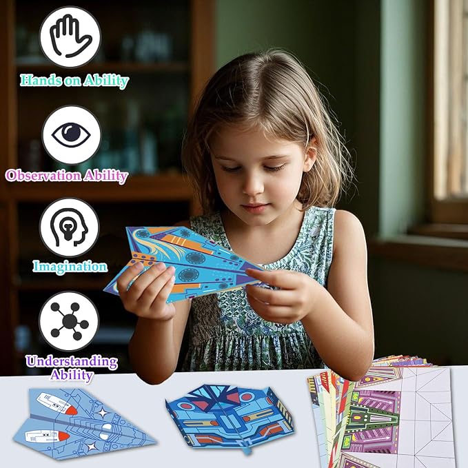 Paper Airplane Kits with 16 Classic Designs, 32 Sheets of Colorful Origami Paper, World Record Paper Planes, Craft Kit for Kids, Airplane Gifts for Boys and Girls Ages 6-12+ (Digital Manual Only)