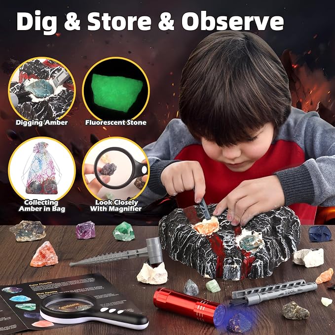 Woumserta Volcano Dig Kits for Kids 4-6 8-12, 10 Rocks Excavation Kit Toys | Volcano Toys Digging Toys for Gemstone Rocks Collection, Science Kits for Boys Girls 5 6 7 8 9 Year Old Birthday Gifts