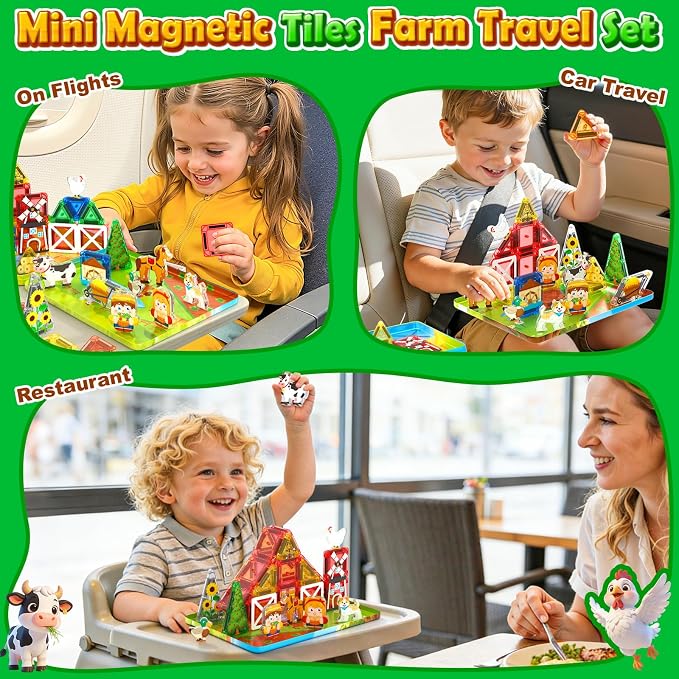 Mini Magnetic Tiles Farm Travel Set, Magnet Building Blocks for Toddlers, STEM Travel Toys with Metal Storage Box, Christmas Birthdays Gifts for Kids Ages 3+