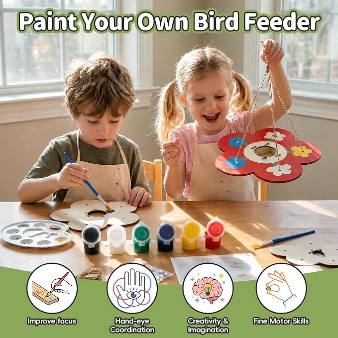 12 Pack Bird Feeder Kit for Kids, DIY Wooden Craft Set | Paints, stickers and instructions included. A creative nature activity for kids, classrooms, parties and outdoor learning.