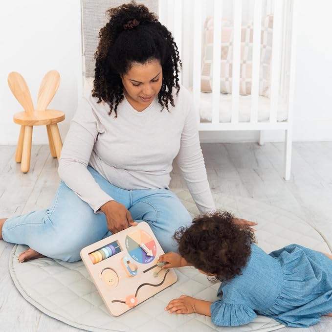 Pearhead Busy Board for Toddlers, Wooden Montessori Sensory Toy | FSC-Certified Design, Built-In Stand, Travel Activities, Color Recognition, Ages 1+