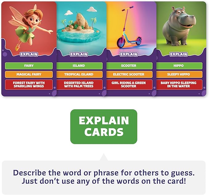 Epic Charades for Kids, Fun Family Game for Kids & Adults, 200 Cards | Act out & explain prompts, pictures for young kids, 3 difficulty levels, educational card game & board game for kids 8-12