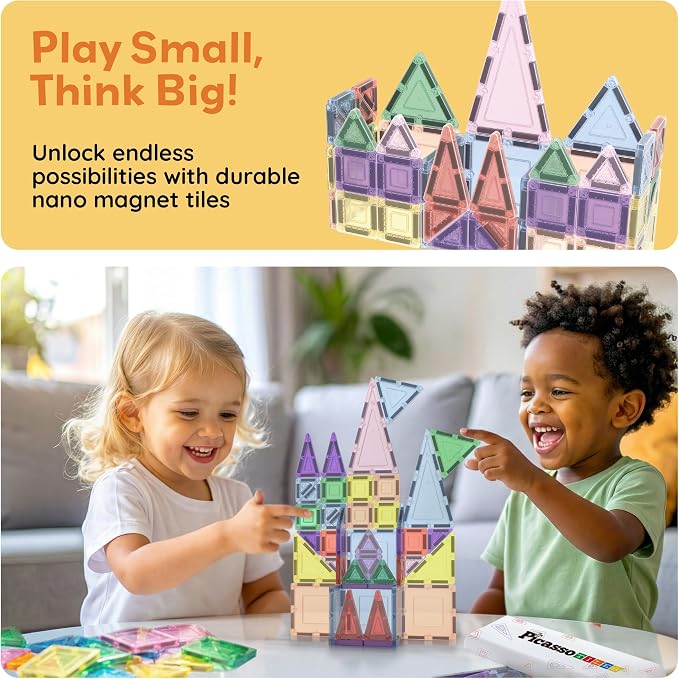 PicassoTiles 50PC Magnetic Tiles Travel Set Nano + Original Size Construction Building Block 2-in-1 Tile Collection with Tin Box Storage Case Montessori STEM Activity Learning Kit Kids Ages 3+ PN12