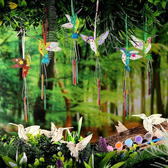 JellyArch 30 Pack Hummingbird Chime Craft Kit for Kids, DIY Painting Set | Wooden Ornament Art, Includes Chime Tubes Paints Brushes Stickers, Bulk Set for Summer Parties Group Activities