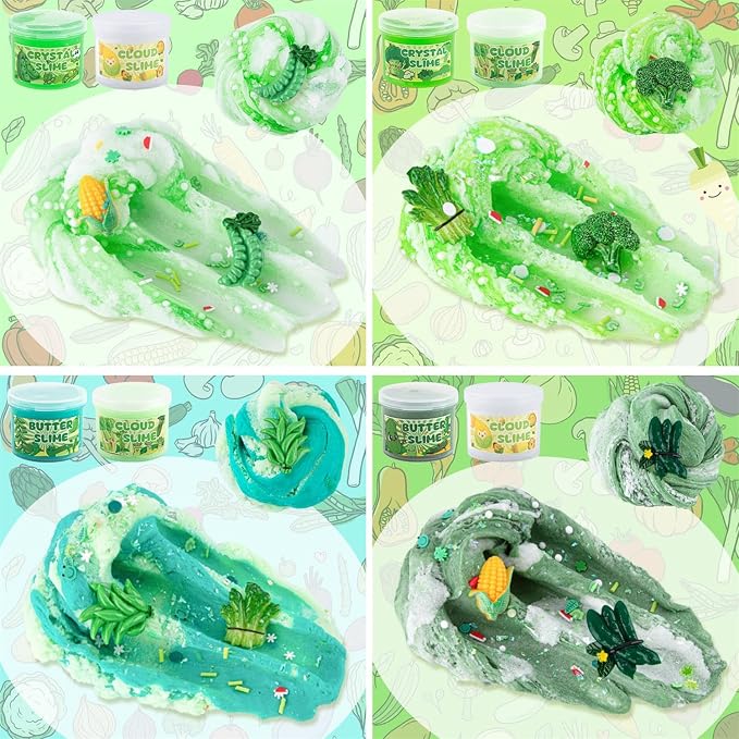 6-Pack Green Slime Kit for Kids, Cloud Butter Clear Crunchy Gift Set | Gradient green sensory slime with add-ins, party favor, goodie bag stuffer, Easter basket filler, ages 4-10