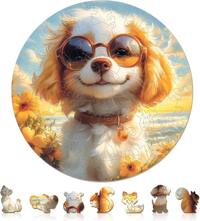 Animal Wooden Puzzles for Kids - Sunny Puppy | 50 Piece Puzzles for Kids Ages 6-8, Kids Puzzles with Unique Animal Shapes, Round Gift for Girls and Boys (11.4 * 11.4 in)