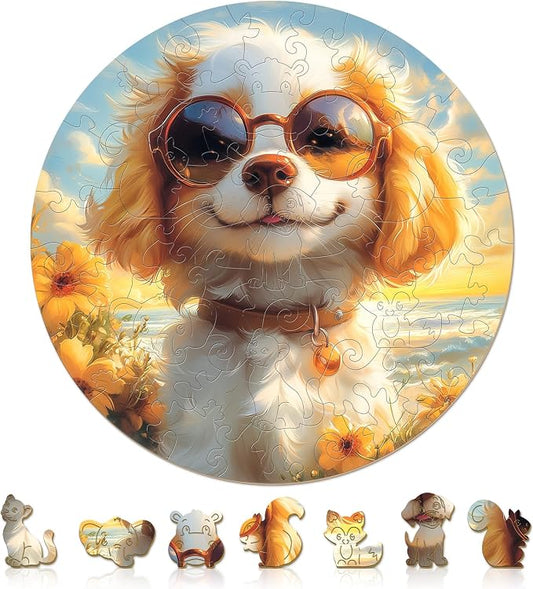 Animal Wooden Puzzles for Kids - Sunny Puppy | 50 Piece Puzzles for Kids Ages 6-8, Kids Puzzles with Unique Animal Shapes, Round Gift for Girls and Boys (11.4 * 11.4 in)
