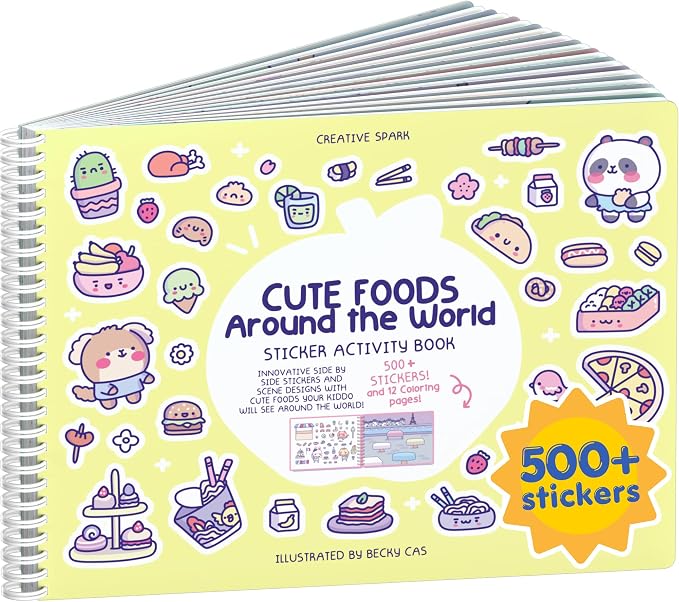 Cupkin Cute Foods Around The World Coloring & Sticker Book | 500+ Stickers | Spiral-bound kids craft format with 12 scenes, 12 art pages, side-by-side viewing, and an easy-peel design for ages 2–8