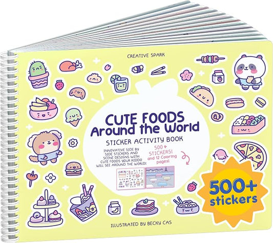 Cupkin Cute Foods Around The World Coloring & Sticker Book | 500+ Stickers | Spiral-bound kids craft format with 12 scenes, 12 art pages, side-by-side viewing, and an easy-peel design for ages 2–8