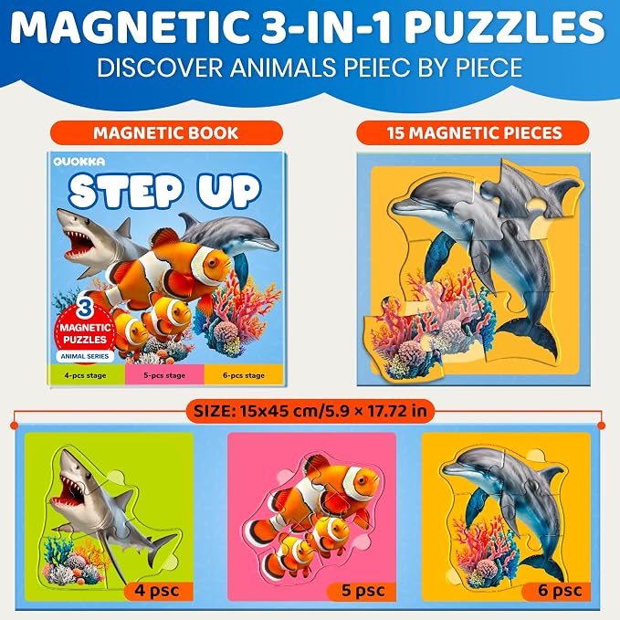 QUOKKA Step Up Magnetic Puzzles for Toddlers 1-3, Ocean Puzzle Set in One Book, Travel Games for Kids 3-5, Screen Free Toy for Toddlers and Preschoolers