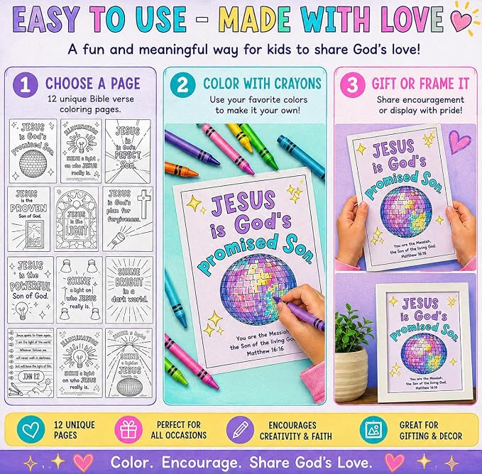 Sunday School Crafts for Kids, Jesus Coloring Pages for Kids, 12 PCS Christian Bible Verse Coloring Sheets, Religious Activity Pages for Sunday School, Preschool, Homeschool, Learning Activities