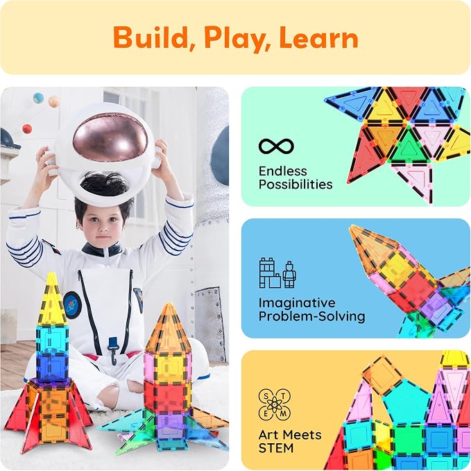 PicassoTiles Magnetic Building Block Rocket Booster Theme Set Magnet Construction Toy Educational Kit Engineering STEM Learning Playset Child Brain Development Stacking Blocks Playboard PT32
