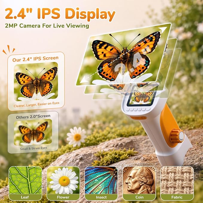 1000X Handheld Digital Microscope for Kids with 2.4" IPS Screen (Orange) | Portable Educational STEM Microscope Toy with Photo/Video, 8 LEDs, Manual Focus, Rechargeable for Ages 4-12 Boys & Girls