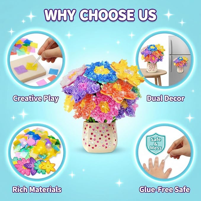 AGENTLAN Poke Art Bouquet Craft Kit,Mess-Free 3D Crafts for Kids Ages 3-8 | Glue free with flower pot,poke in foam flowers, butterflies,DIY arts and crafts gift for toddlers