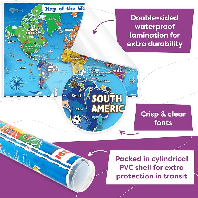 United States and World Map For Kids Classroom Posters 2pc Set - 24” x 16” Waterproof US and World Map for Classroom Decor Posters - Teacher Classroom Must Haves - Homeschool Back to School Supplies