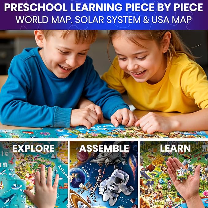 100 Puzzles for Kids Ages 4-6 - Educational Map Kids Puzzles Ages 6-8 | Glow-in-the-Dark USA Map, World Map and Solar System Kids Puzzles Ages 8-10 — Learning Geography Toys for 5-8 Year Old