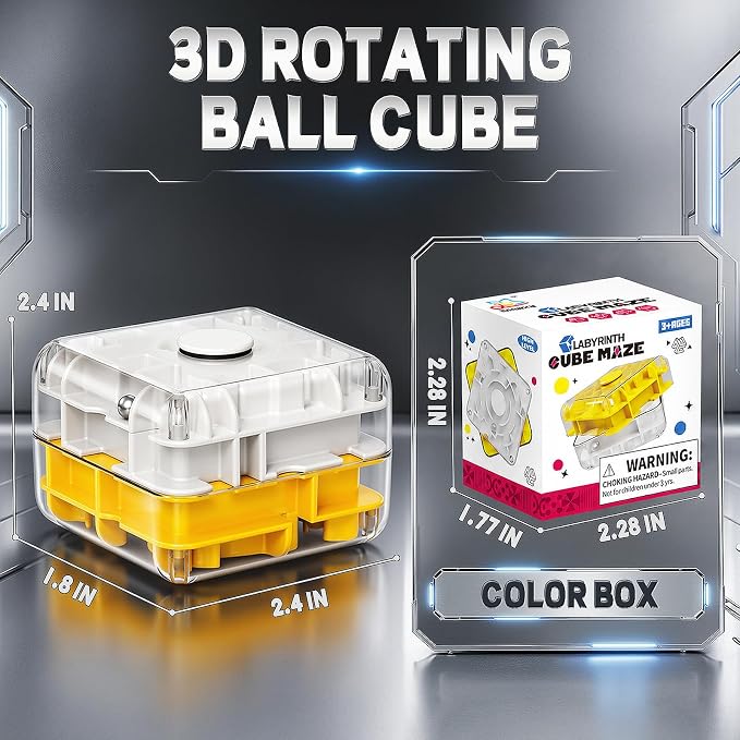 3D Maze Cube Ball Puzzle Brain Teaser for Adults & Kids, Educational Learning Toys Logical Thinking, Family Board Games Tabletop, Durable Puzzle Cube (White&Yellow, 2.4x1.8x2.4)