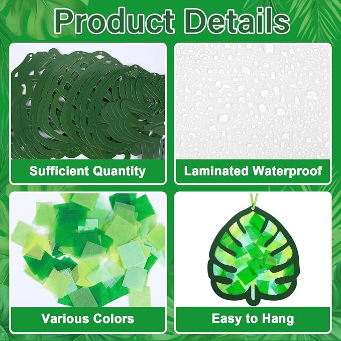 Qyeahkj 36 Set Palm Sunday Suncatchers Crafts for DIY Easter Palm Leaves Window Tissue Paper Crafts Kit Green Leaf Hanging Decor for Spring Home Activity Art Project Party Favor Gift