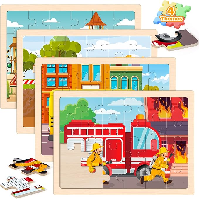 4-Pack Wooden Puzzles for Kids Ages 3-5, 24-Piece Construction Vehicle Set | Toddler Puzzles Ages 3-5, Preschool Puzzles with Wooden Jigsaw Boards for Fine Motor Skills, Shape Recognition and Travel
