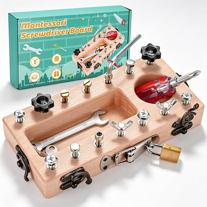 Montessori Screwdriver Board Set with Lock and Key, Montessori Toys for 3 4 5 Year Old, Wooden Screw Driver Activities Tools, Fine Motor Skills Preschool Learning Sensory Toy