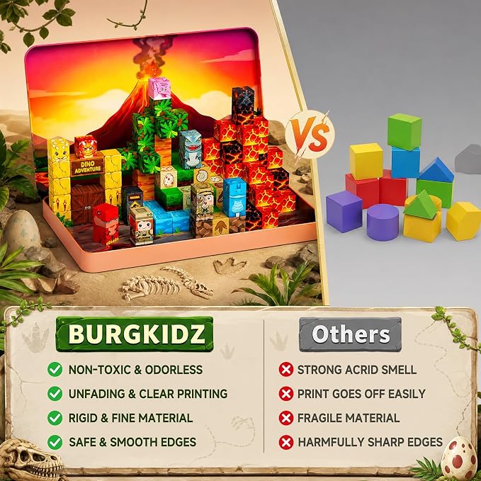 burgkidz Dinosaur Volcano Magnetic Blocks: 675g Portable Tin Case, N32 Strong Magnets, 4-Scene Storybook – Quiet STEM Travel Toy for Road Trip & Airplane, 100 PCS Building Set, Gift for Kids Ages 3-8