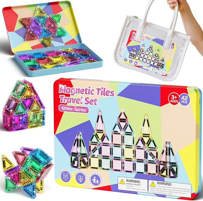 Travel Glitter Magnetic Block Set with Storage Box | STEM Educational Sensory Preschool Building Toy for Toddlers, Ideal Kids Gifts for Ages 3-6