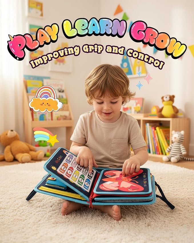 Montessori Busy Book for Toddlers, 8-Page Sensory Activity Book for Fine Motor Skills & Basic Dress Learning, Portable Travel Toy for Preschool Kids, Birthday Gift for Boys and Girls (Blue)