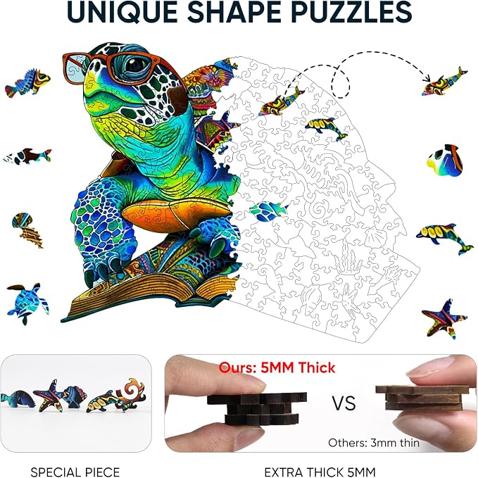 Mys Aurora Sea Turtle Puzzles for Adults, 200 Pieces Unique Jigsaw Puzzles | 5MM Thick Ocean Wooden Puzzles for Adults and Kids Birthday Gifts Family Game, 12 x 10 Inches