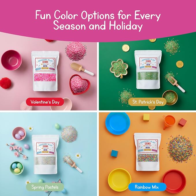 Pastel Rainbow Sensory Play Rice for Kids, 2 lbs – Spring-Themed Sensory Bin Filler for Scooping, Pouring, Sorting & Creative Play – Perfect for Sensory Tables & Fine Motor Play – Ages 3+
