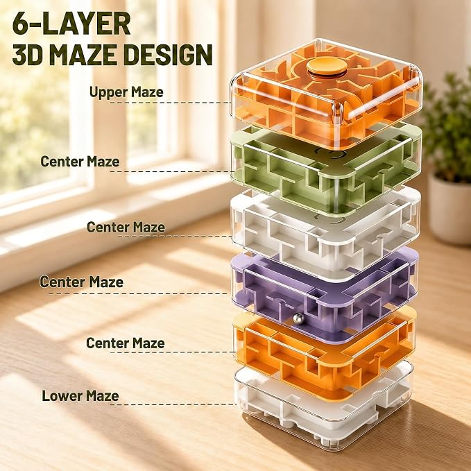 6 Layer 3D Rolling Ball Maze Cube, 2 in 1 Spin Fidget Toy for Kids | Fidget Toy and Stress Toy, 3D Brain Teaser Puzzle Game Portable Activity Toy Birthday Gifts for Kids Ages 3-7+ Boys Girls