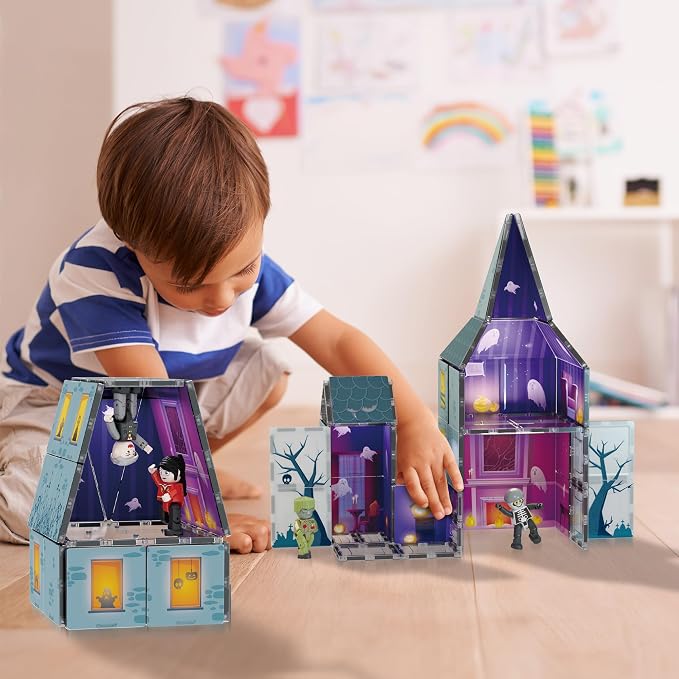 PicassoTiles 57 PCS Magnetic Tiles Halloween Haunted House STEM Set Ages 3+ | 8 action figures with rotating limbs, double-sided tile prints, doors and windows, creative storytelling playset, BPA-free