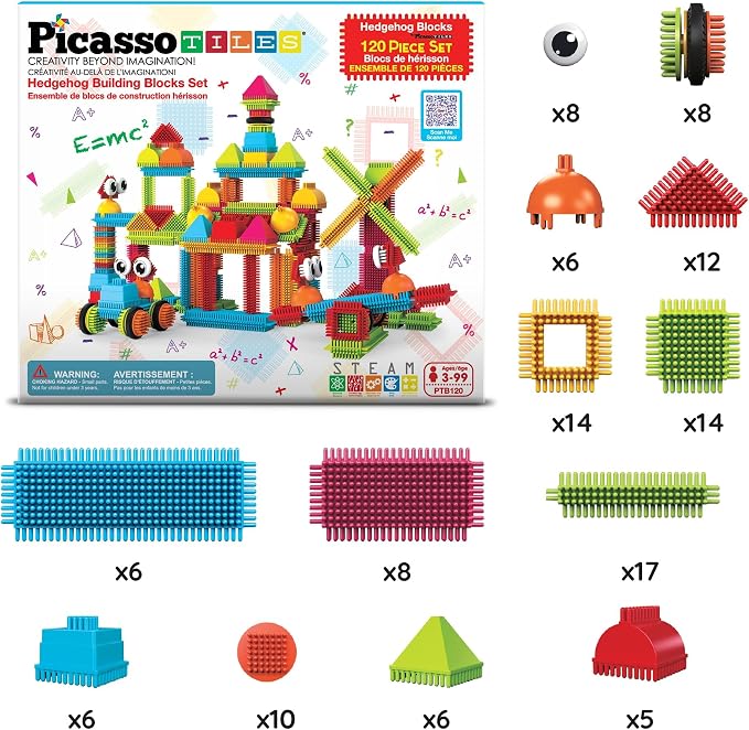 PicassoTiles 120pcs Hedgehog Interlocking Building Blocks Tiles Construction Toy Set Learning Playset STEAM Development Preschool Kindergarten Toy for Kids Age3+ PTB120 | Soft rubbery texture, easy-connect forms, BPA-free & lead-safe material, 20+ 3D d...