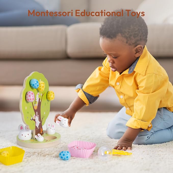 Easter Toys for Toddlers, Magnetic Easter Eggs, Picking Easter Bunny Toy, Montessori Toys for 3 4 5 6 Year Old, Wooden Sensory Color Sorting Toys, Spring Easter Basket Stuffers Gifts for Kids
