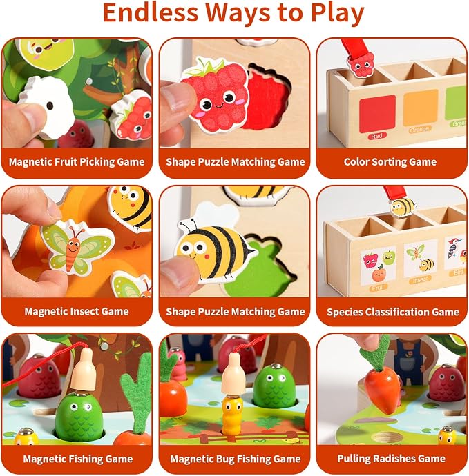 INIFEIDALA Montessori Toys for 3 4 5 Year Olds | Birthday Gifts for Kids | Wooden Educational Toddler Toys, Shape Sorting, Carrot Harvest & Magnetic Fishing Game – Fine Motor Skills Development