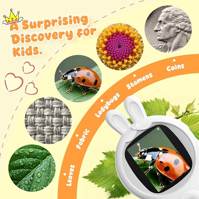 Children's Handheld Electronic Magnifying Glass, White Rabbit-Shaped Science Educational Microscope Kit, STEM Educational Toy for Kids Ages 5–10 Birthday Gift for Boys & Girls