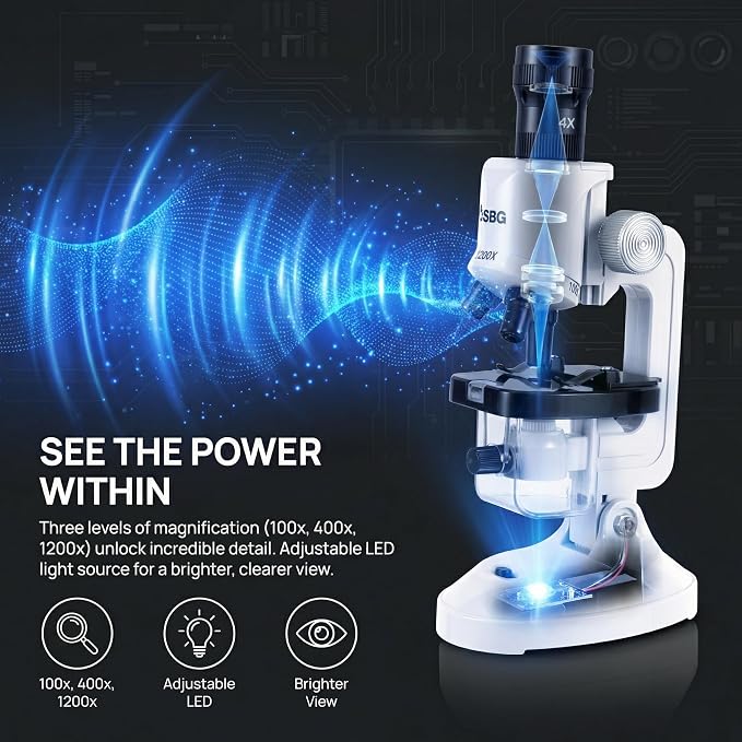 Kids Microscope Kit with LED Light - 100X/400X/1200X Magnification for STEM Learning, 12 Prepared Slides, Easy-to-Use Science Learning Kit (Ages 5-12) - White