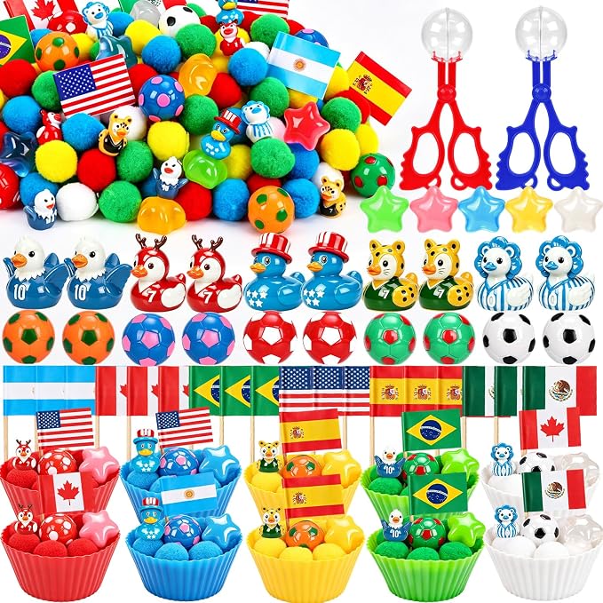 305PCS Soccer Sensory Bin Filler Soccer Fine Motor Sensory Bin Items Includes Pom Poms Soccer Duck Resin for Counting Sorting Training
